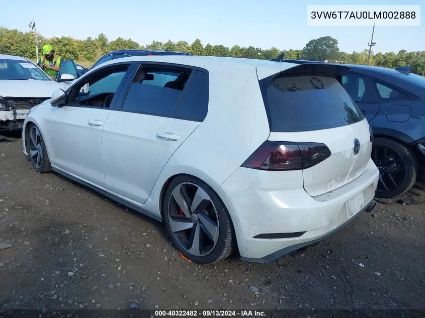 3VW6T7AU0LM002888 2020 Volkswagen Golf Gti 2.0T Autobahn/2.0T S/2.0T Se