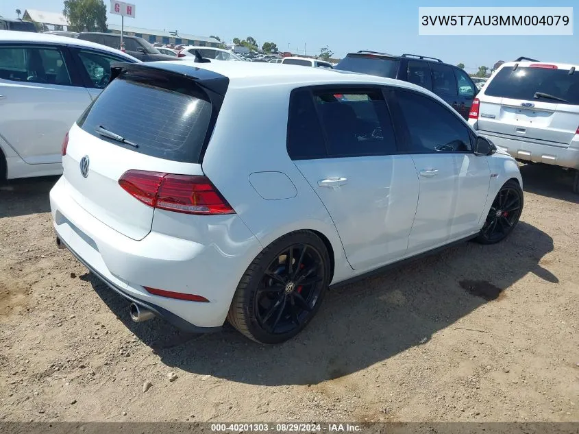 2021 Volkswagen Golf Gti 2.0T Autobahn/2.0T S/2.0T Se VIN: 3VW5T7AU3MM004079 Lot: 40201303