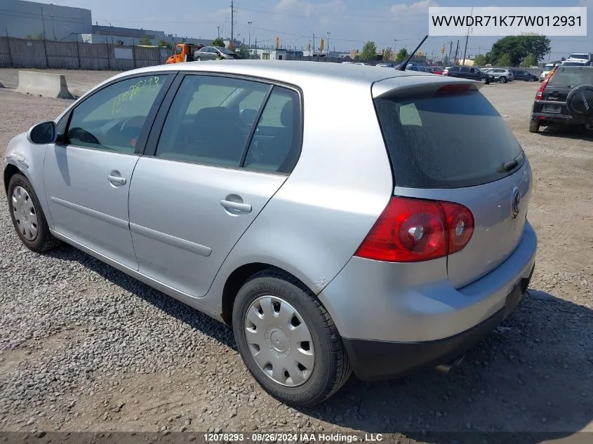 2007 Volkswagen Rabbit VIN: WVWDR71K77W012931 Lot: 12078293