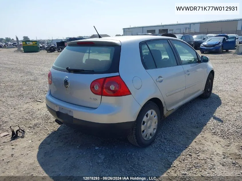 2007 Volkswagen Rabbit VIN: WVWDR71K77W012931 Lot: 12078293