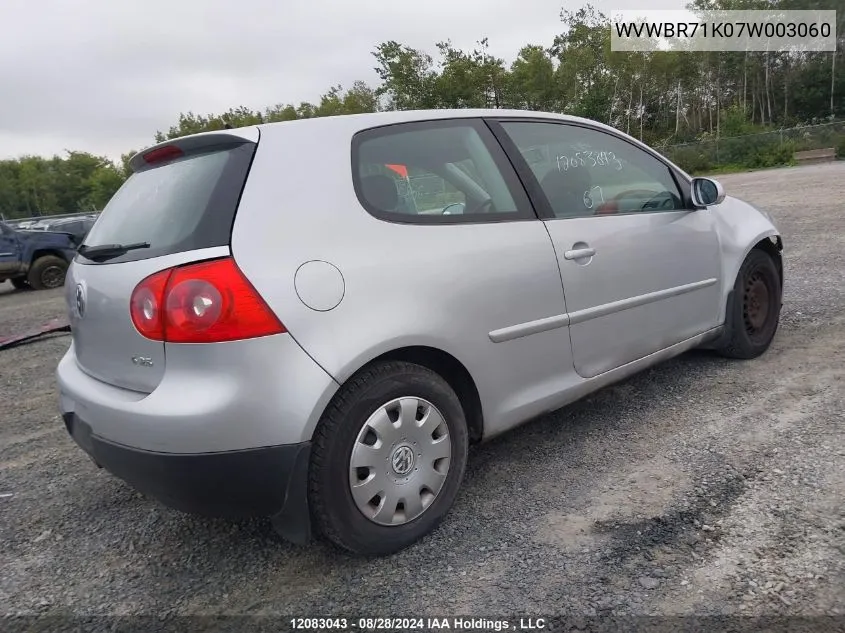 2007 Volkswagen Rabbit VIN: WVWBR71K07W003060 Lot: 12083043