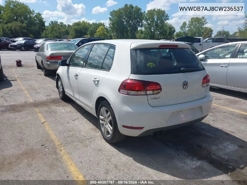 2012 Volkswagen Golf 2.5L 4-Door VIN: WVWDB7AJ8CW236537 Lot: 40357767