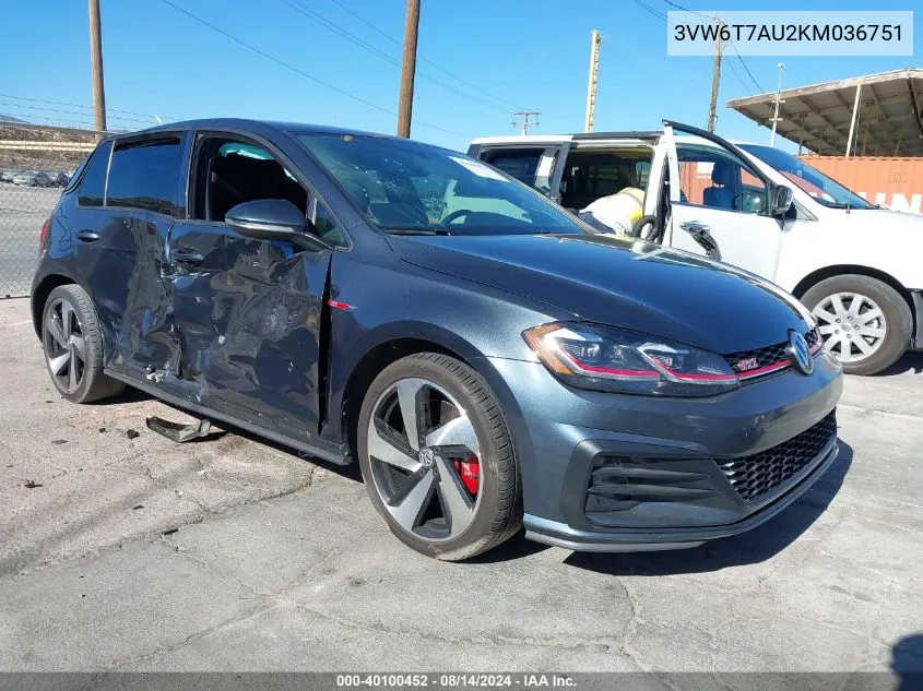 2019 Volkswagen Golf Gti 2.0T Autobahn/2.0T Rabbit Edition/2.0T S/2.0T Se VIN: 3VW6T7AU2KM036751 Lot: 40100452