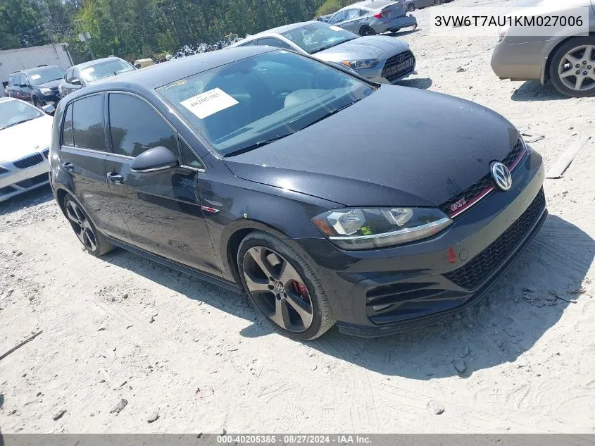 3VW6T7AU1KM027006 2019 Volkswagen Golf Gti 2.0T Autobahn/2.0T Rabbit Edition/2.0T S/2.0T Se