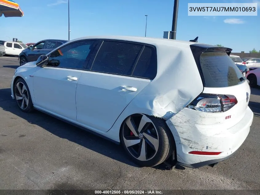 2021 Volkswagen Golf Gti 2.0T Autobahn/2.0T S/2.0T Se VIN: 3VW5T7AU7MM010693 Lot: 40012505