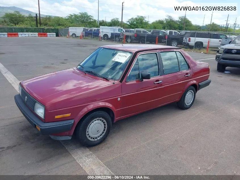 1986 Volkswagen Jetta Deluxe VIN: WVWGA0162GW826838 Lot: 39622296