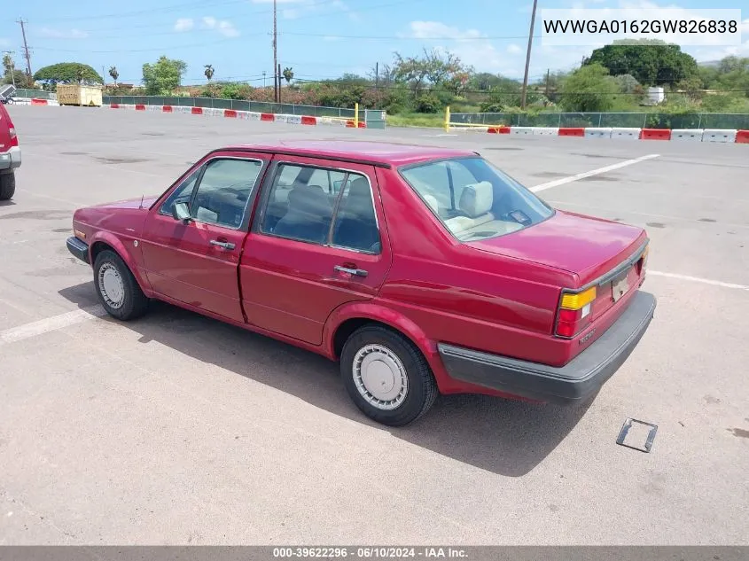 1986 Volkswagen Jetta Deluxe VIN: WVWGA0162GW826838 Lot: 39622296