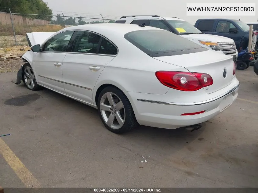 2012 Volkswagen Cc Lux VIN: WVWHN7AN2CE510803 Lot: 40326269