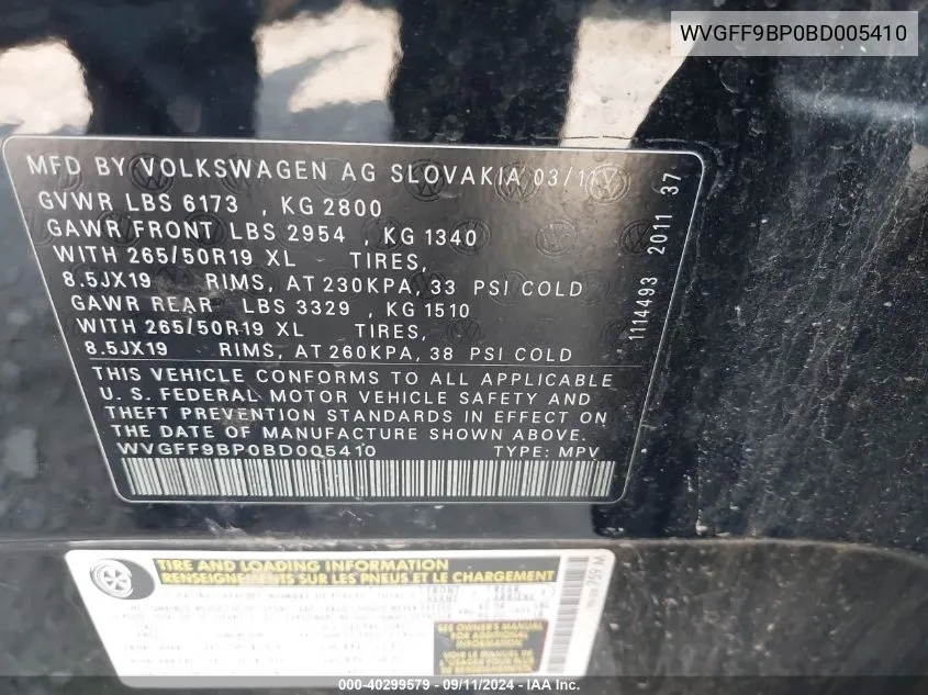 WVGFF9BP0BD005410 2011 Volkswagen Touareg Vr6 Lux